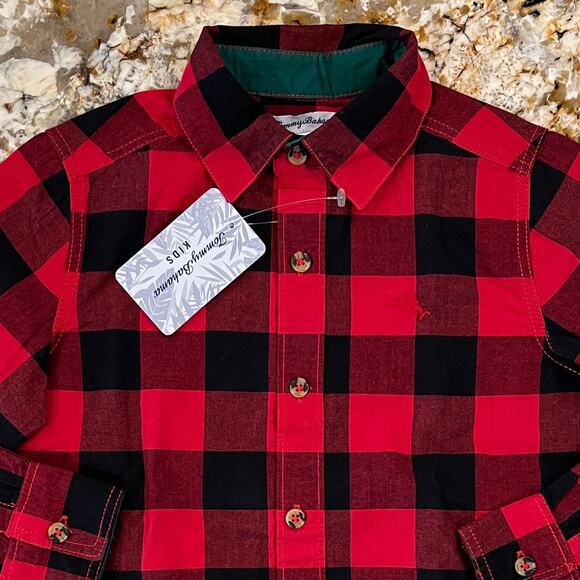 NWT Tommy Bahama Kids Red/Black Buffalo Plaid Button Up Shirt - SIZE XS (4) - Picture 2 of 6